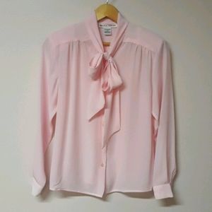 Vintage 80s baby pink tie neck blouse